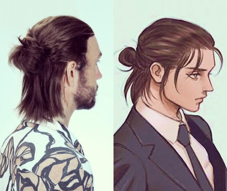 Side-by-side comparison of Eren Yeager’s man bun hairstyle in Attack on Titan and a real-life version