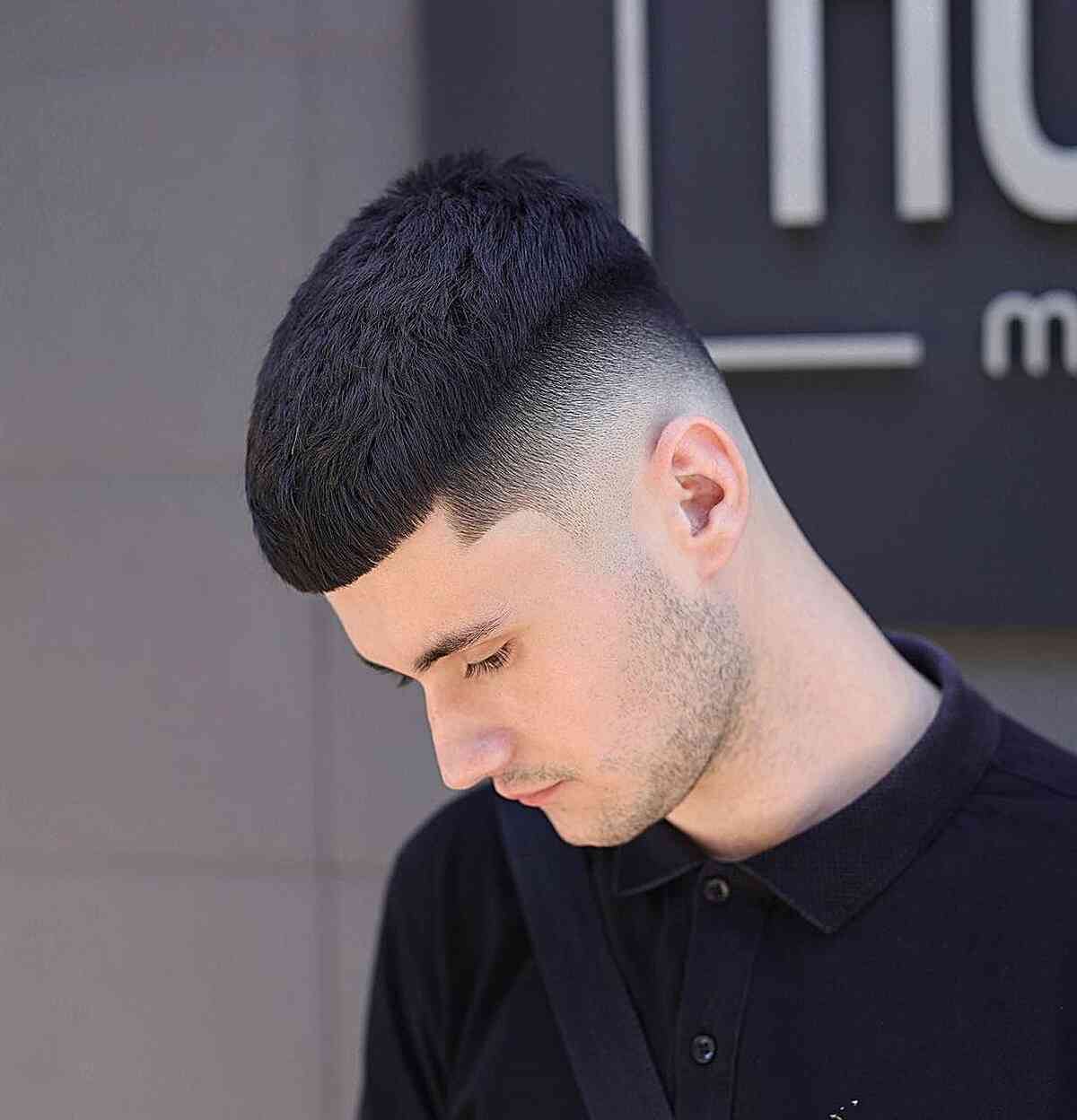 low drop fade Caesar, straight hair with sharp hairline